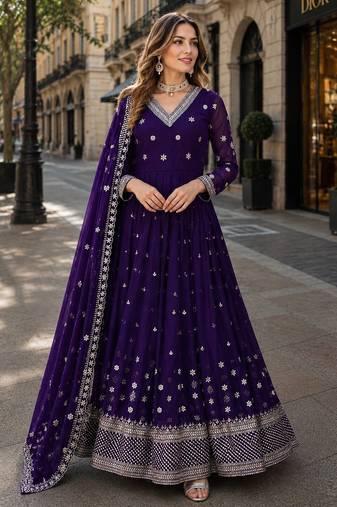purple faux georgette readymade anarkali suit with embroidery & Sequin work