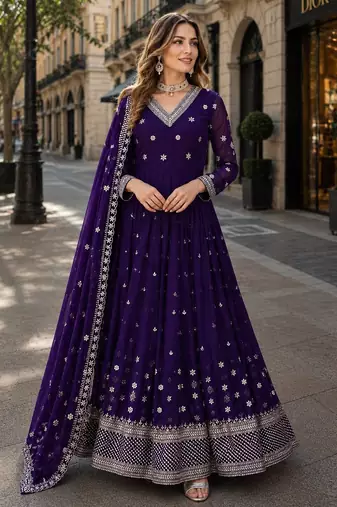 purple faux georgette readymade anarkali suit with embroidery & Sequin work