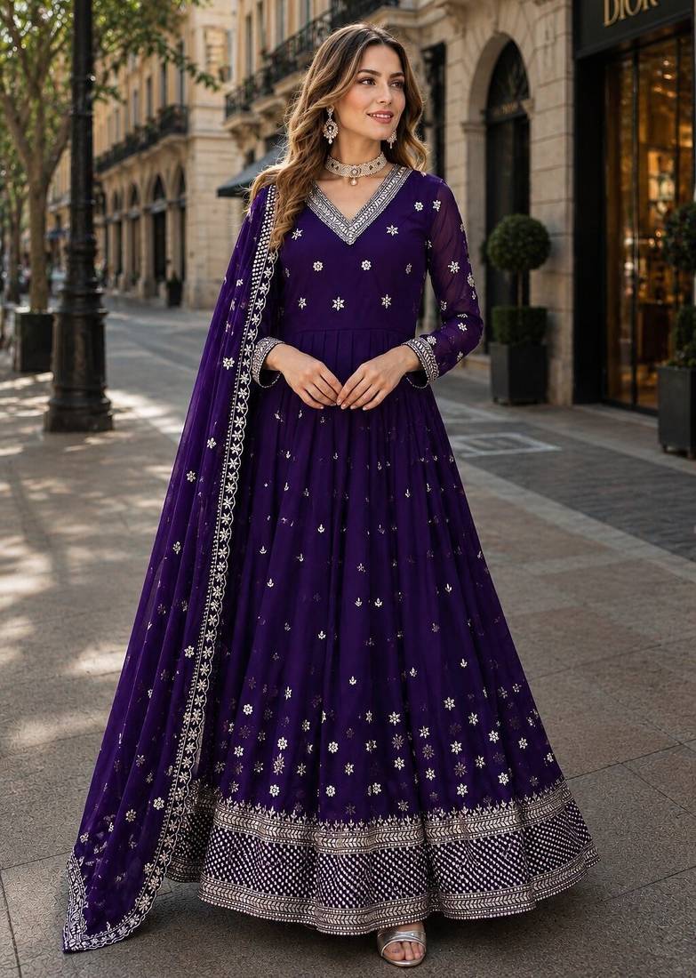 purple faux georgette readymade anarkali suit with embroidery & Sequin work