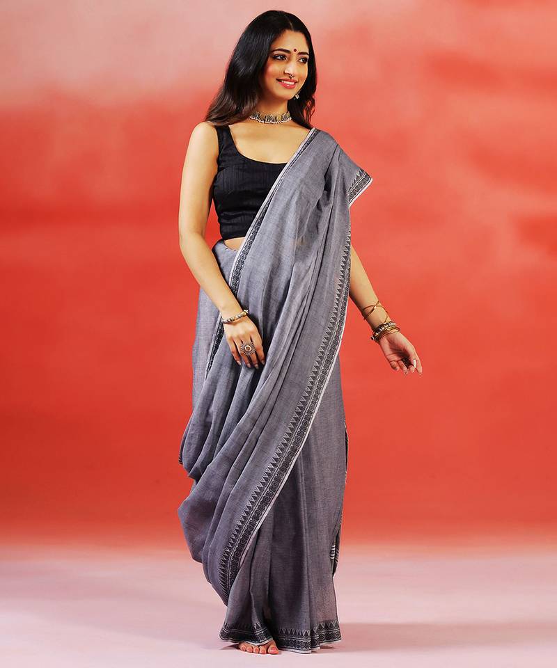 Charcoal grey handloom khadi saree