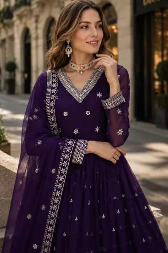 purple faux georgette readymade anarkali suit with embroidery & Sequin work
