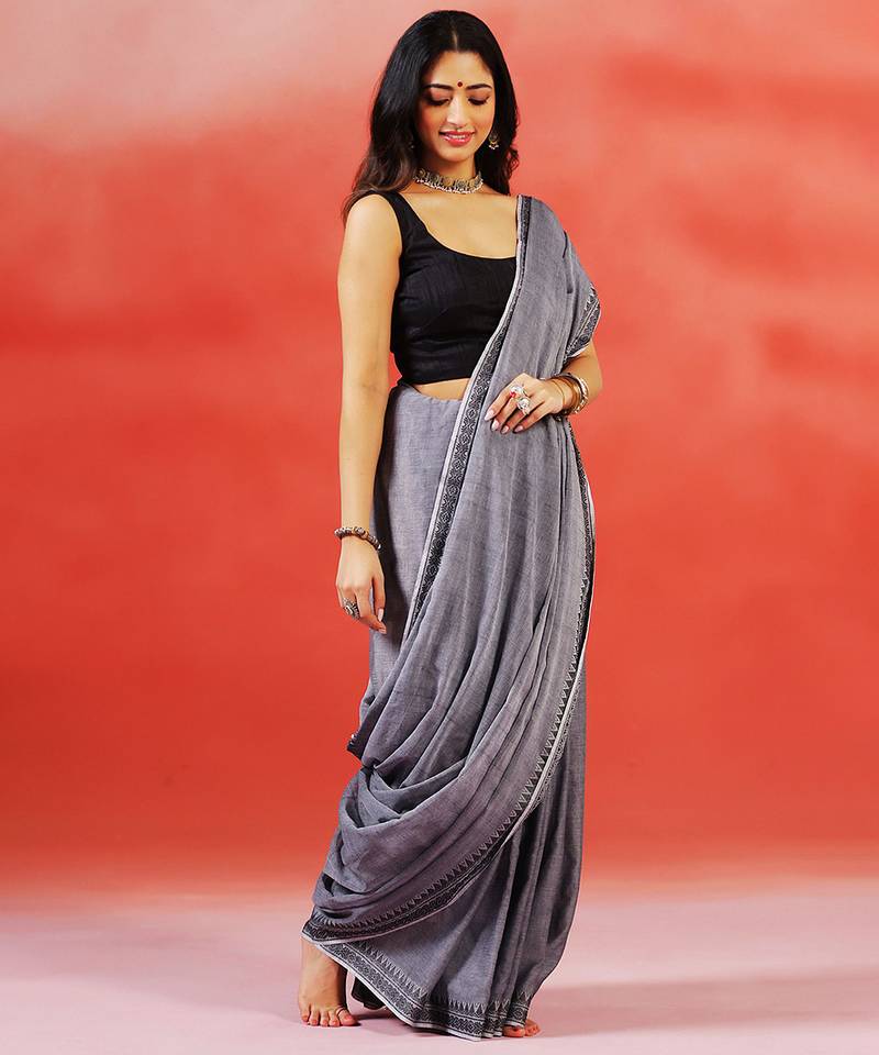 Charcoal grey handloom khadi saree