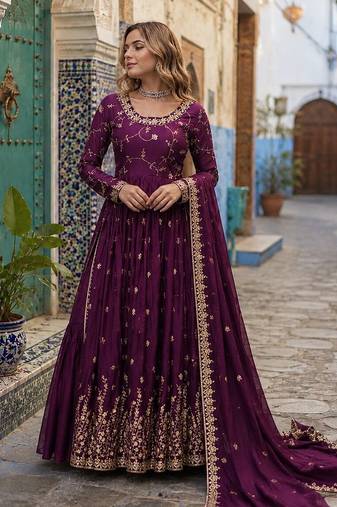 maroon chinon readymade suit with embroidery & Sequin work