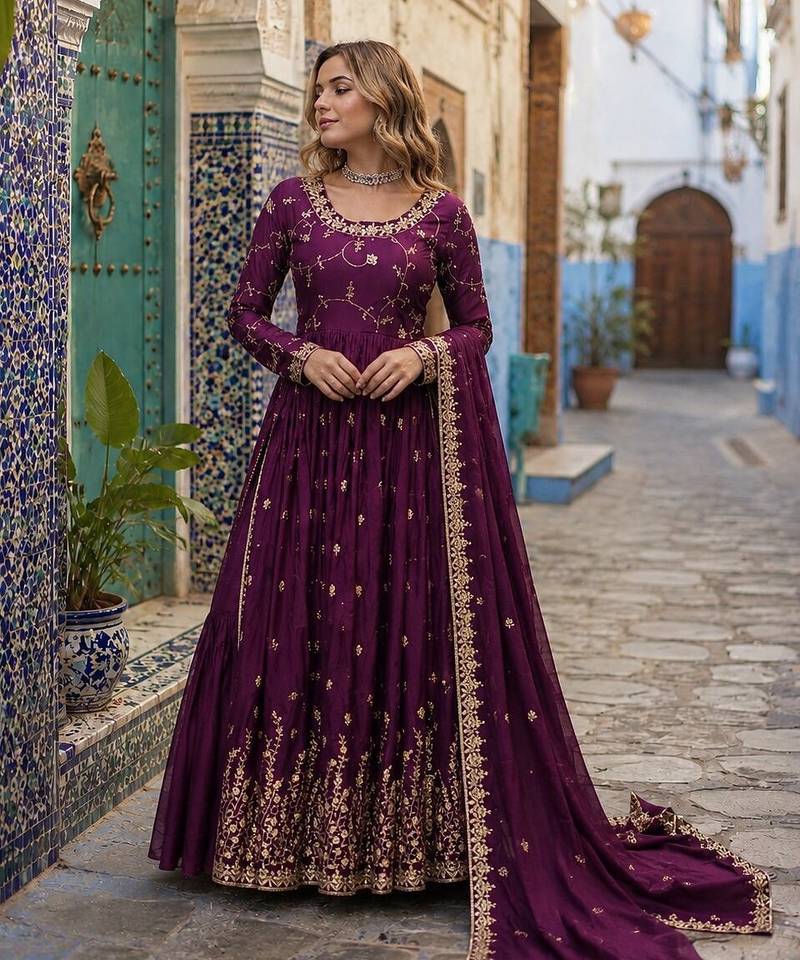 maroon chinon readymade suit with embroidery & Sequin work