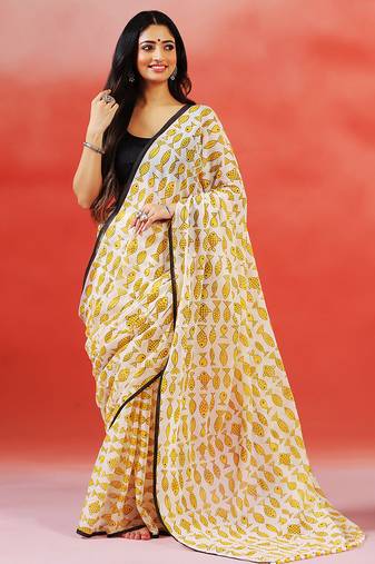 Ivory yellow printed handloom khadi saree