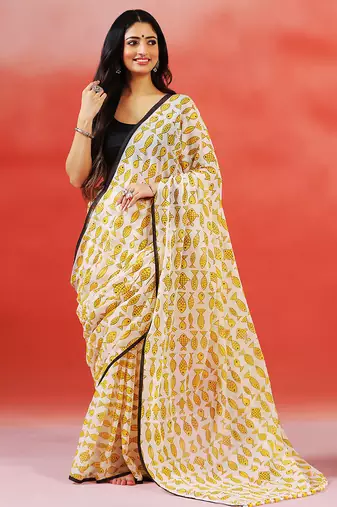 Ivory yellow printed handloom khadi saree