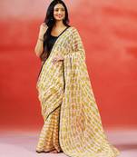 Ivory yellow printed handloom khadi saree