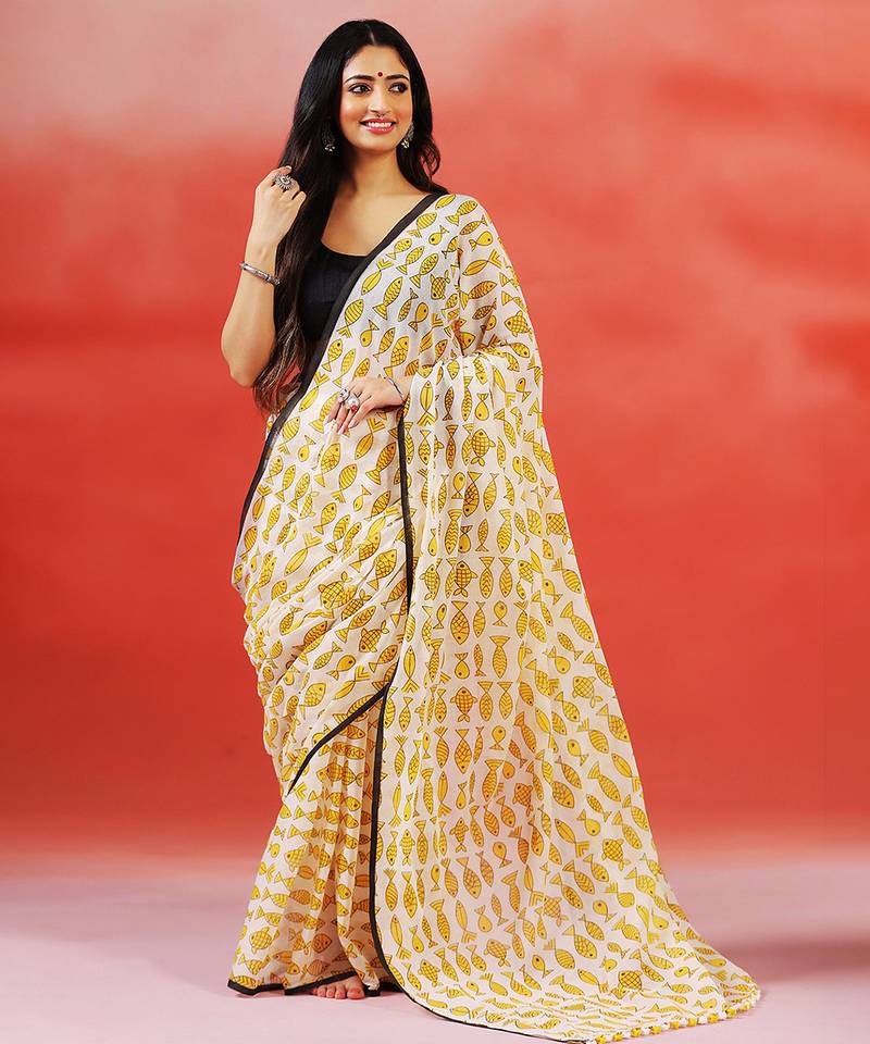 Ivory yellow printed handloom khadi saree