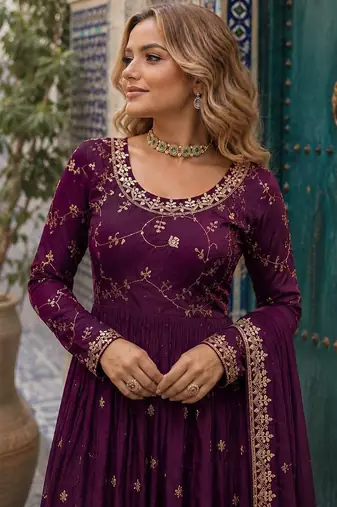 maroon chinon readymade suit with embroidery & Sequin work