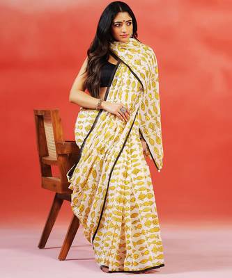 Ivory yellow printed handloom khadi saree 2
