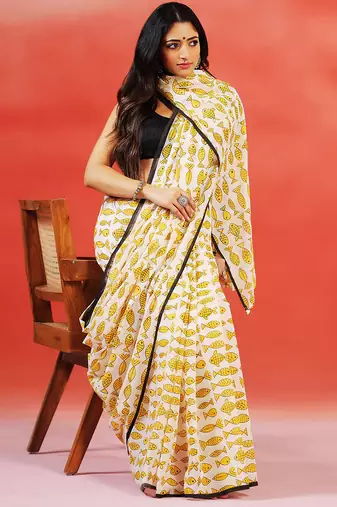 Ivory yellow printed handloom khadi saree
