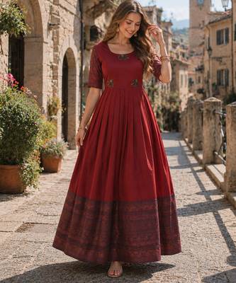Maroon silk BLEND free size stitched anarkali gown with weaving work 1