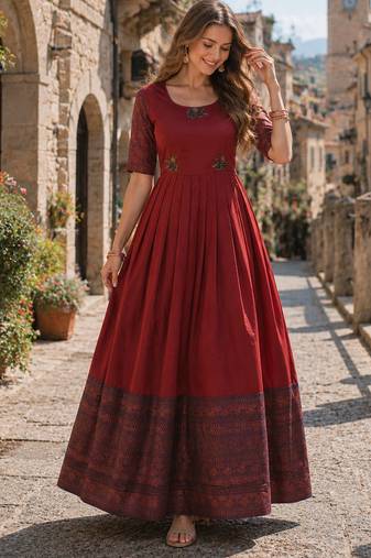 Maroon silk BLEND free size stitched anarkali gown with weaving work
