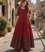 Maroon silk BLEND free size stitched anarkali gown with weaving work