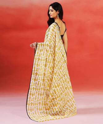 Ivory yellow printed handloom khadi saree 3