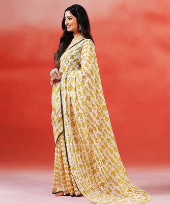 Ivory yellow printed handloom khadi saree 4