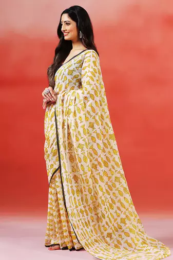 Ivory yellow printed handloom khadi saree