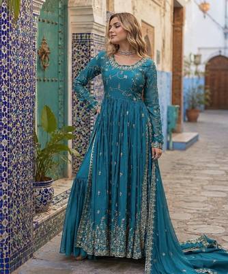 blue chinon readymade suit with embroidery & Sequin work 1