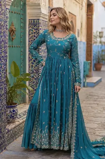blue chinon readymade suit with embroidery & Sequin work