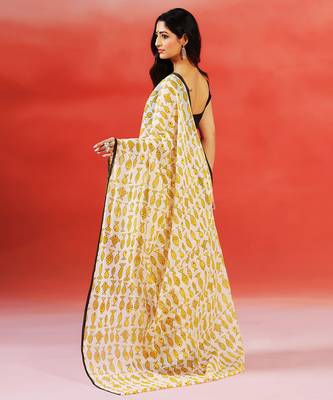 Ivory yellow printed handloom khadi saree 5