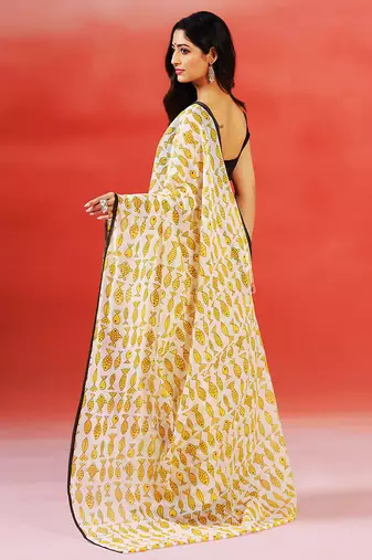 Ivory yellow printed handloom khadi saree