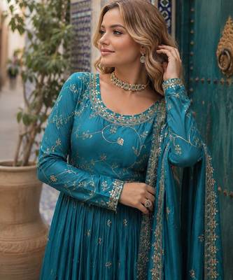 blue chinon readymade suit with embroidery & Sequin work 2