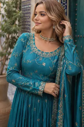 blue chinon readymade suit with embroidery & Sequin work