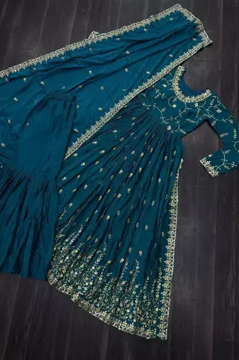 blue chinon readymade suit with embroidery & Sequin work