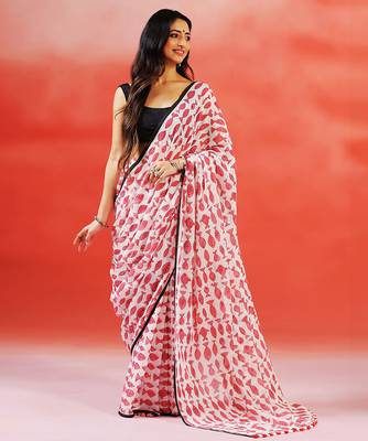 Ivory pink printed handloom khadi saree 1