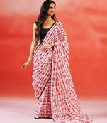 Ivory pink printed handloom khadi saree