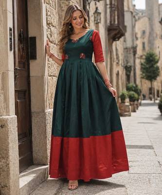 D green banarasi silk free size stitched anarkali gown with weaving work 1