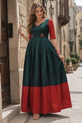 D green banarasi silk free size stitched anarkali gown with weaving work
