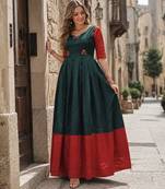 D green banarasi silk free size stitched anarkali gown with weaving work