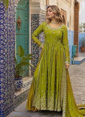 mustard chinon readymade suit with embroidery & Sequin work 1