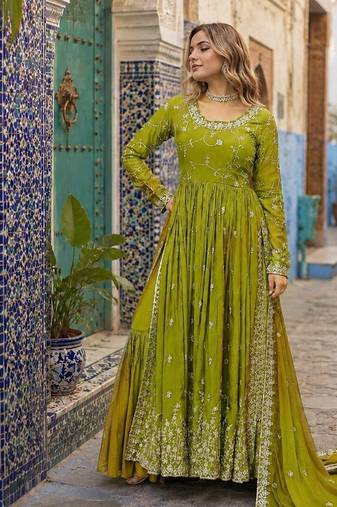 mustard chinon readymade suit with embroidery & Sequin work