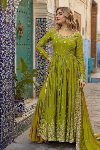 mustard chinon readymade suit with embroidery & Sequin work