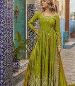 mustard chinon readymade suit with embroidery & Sequin work