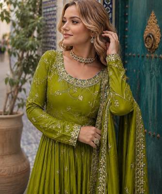 mustard chinon readymade suit with embroidery & Sequin work 2