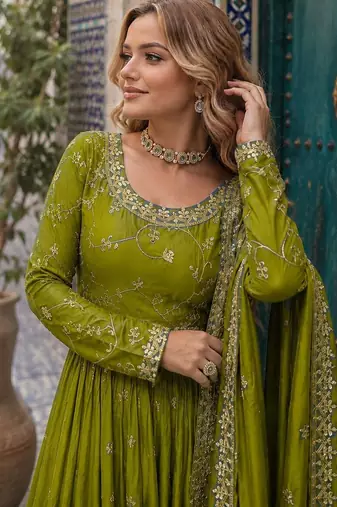 mustard chinon readymade suit with embroidery & Sequin work