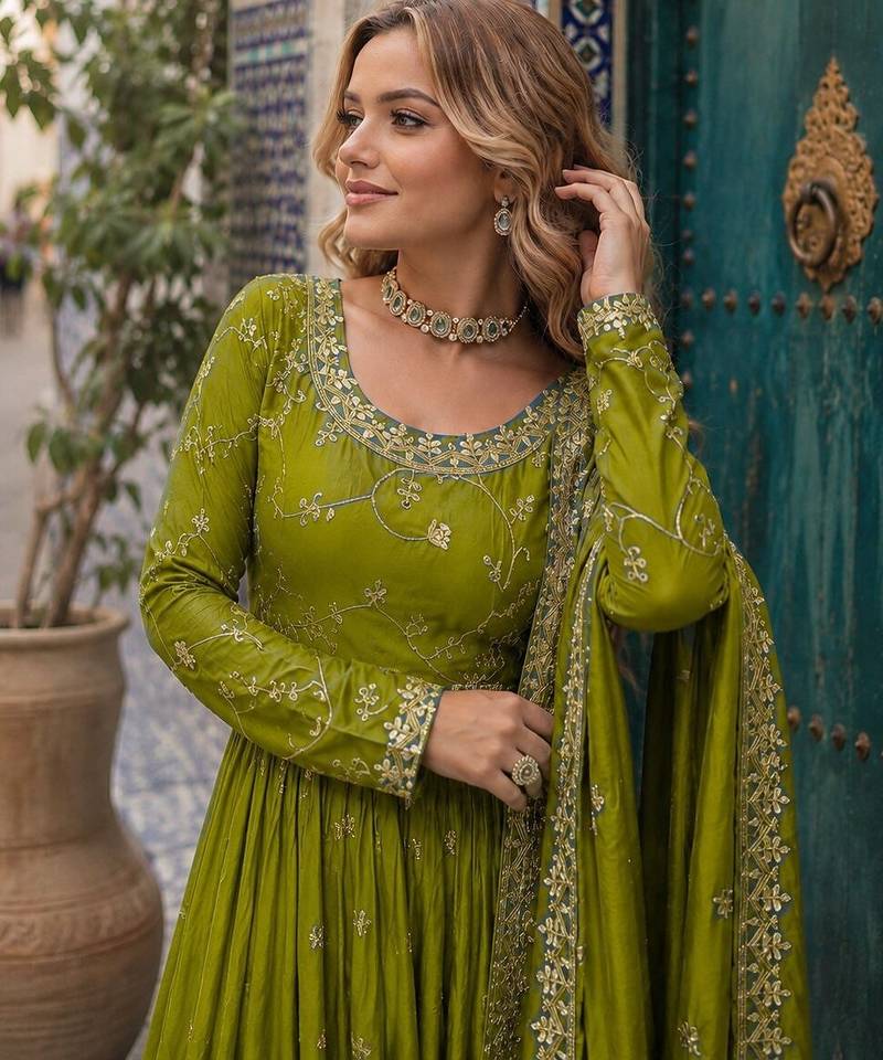 mustard chinon readymade suit with embroidery & Sequin work