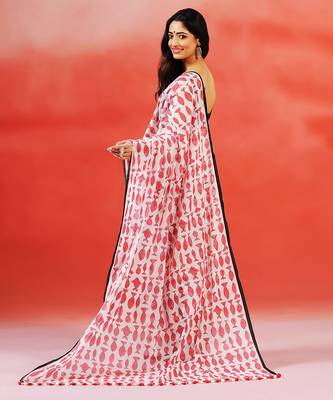 Ivory pink printed handloom khadi saree 4
