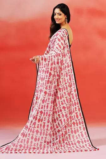 Ivory pink printed handloom khadi saree