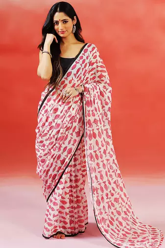 Ivory pink printed handloom khadi saree