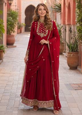 maroon faux georgette readymade anarkali suit with embroidery & sequence work 1