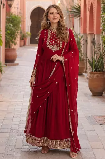 maroon faux georgette readymade anarkali suit with embroidery & Sequin work