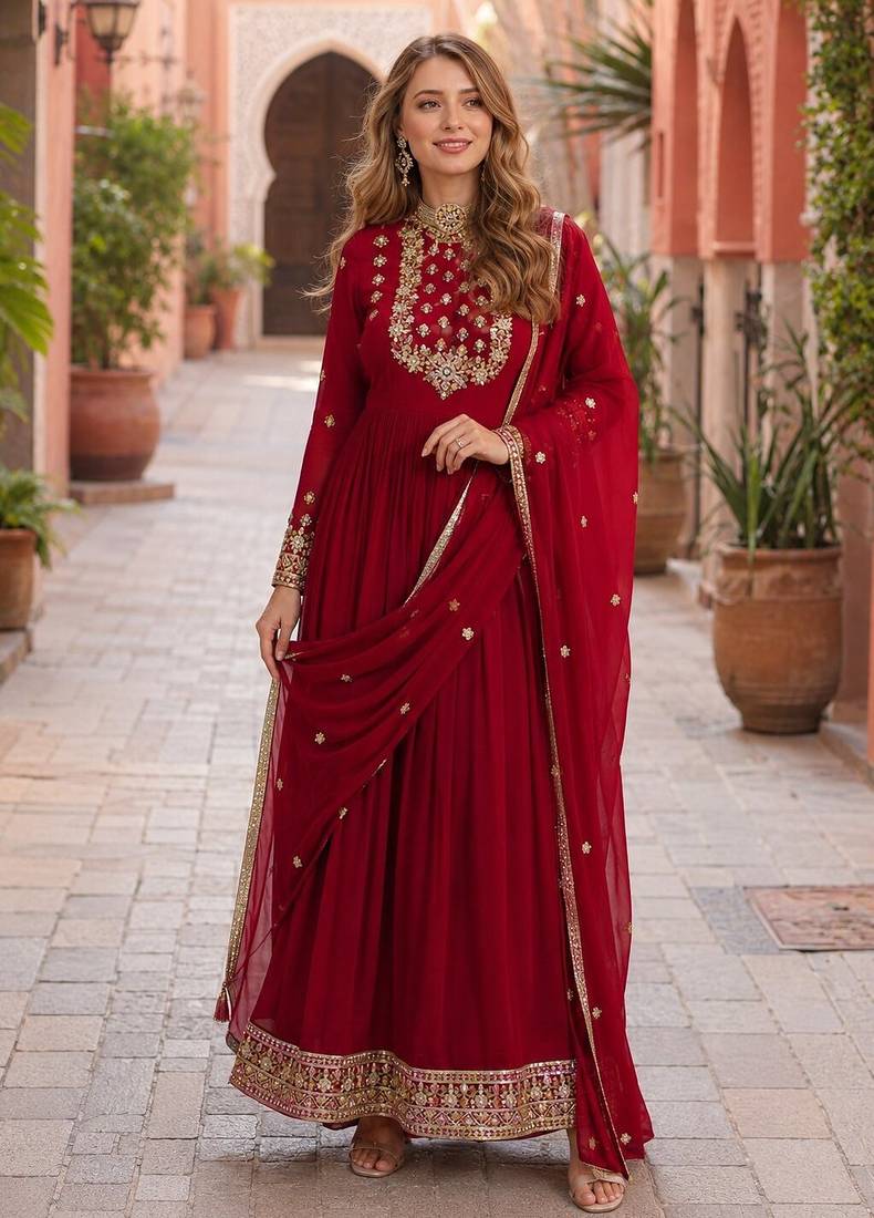 maroon faux georgette readymade anarkali suit with embroidery & sequence work