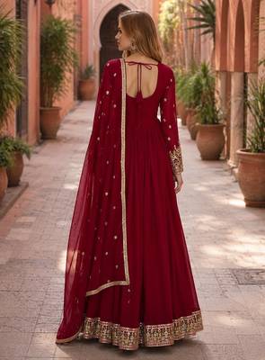 maroon faux georgette readymade anarkali suit with embroidery & sequence work 2