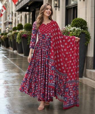 red cotton readymade anarkali suit with floral printed work 1