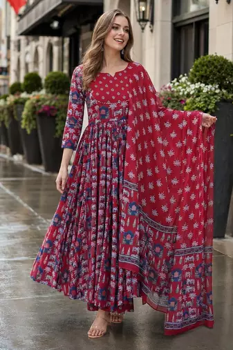 red cotton readymade anarkali suit with floral printed work