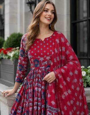 red cotton readymade anarkali suit with floral printed work 2